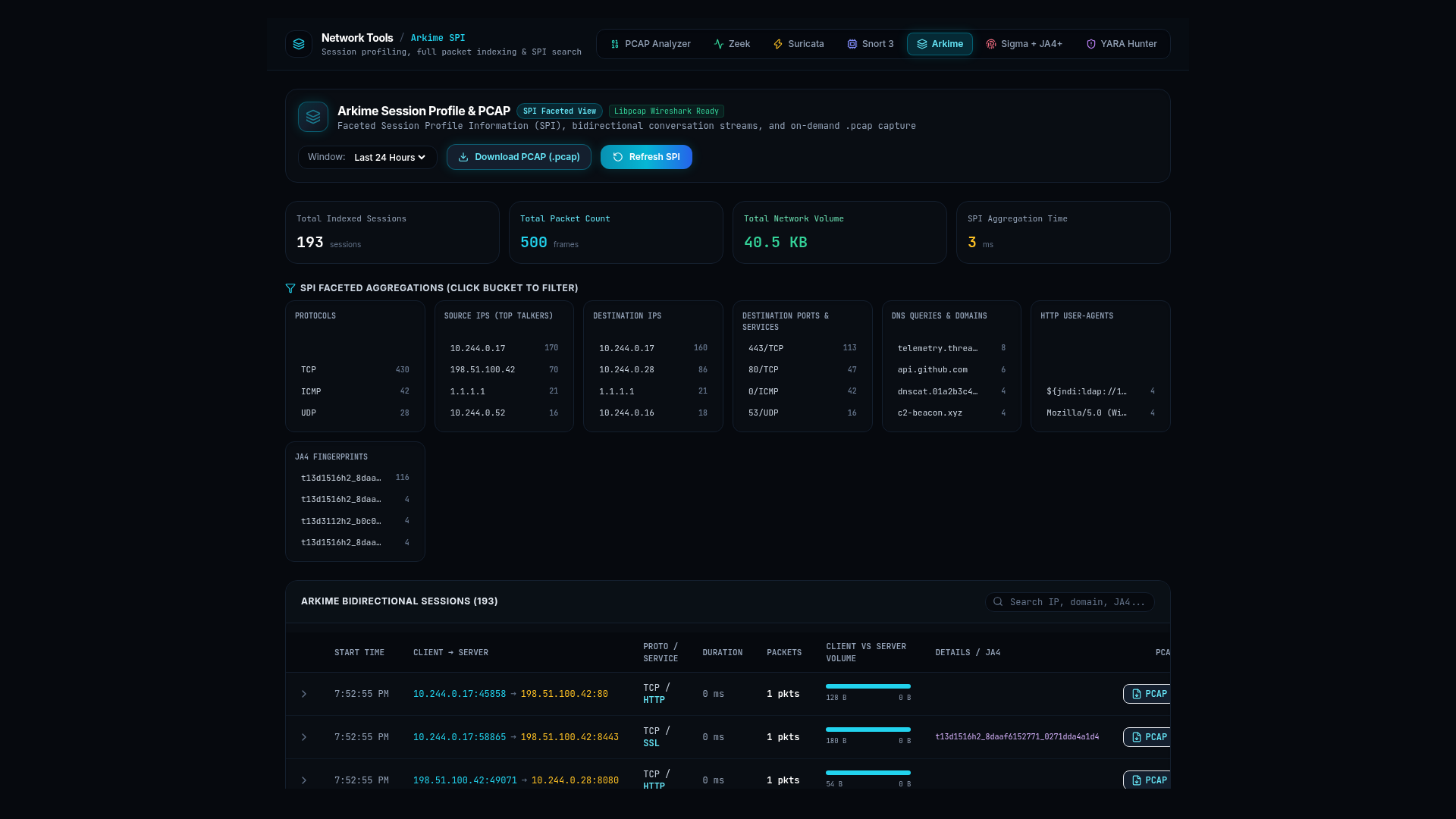 GryphOps Arkime SPI Session Profiler In-Tool UI
