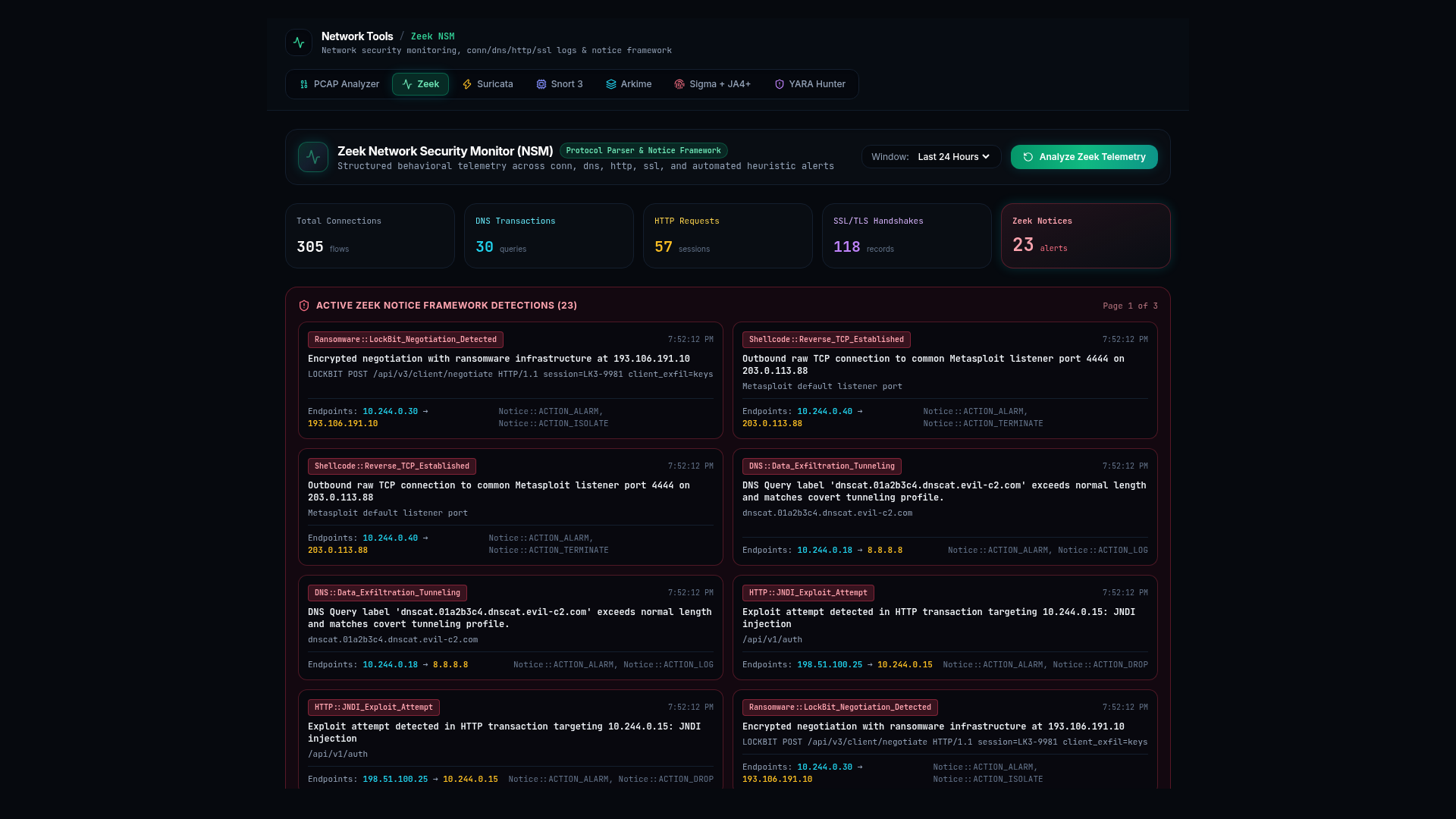 GryphOps Zeek NSM In-Tool UI